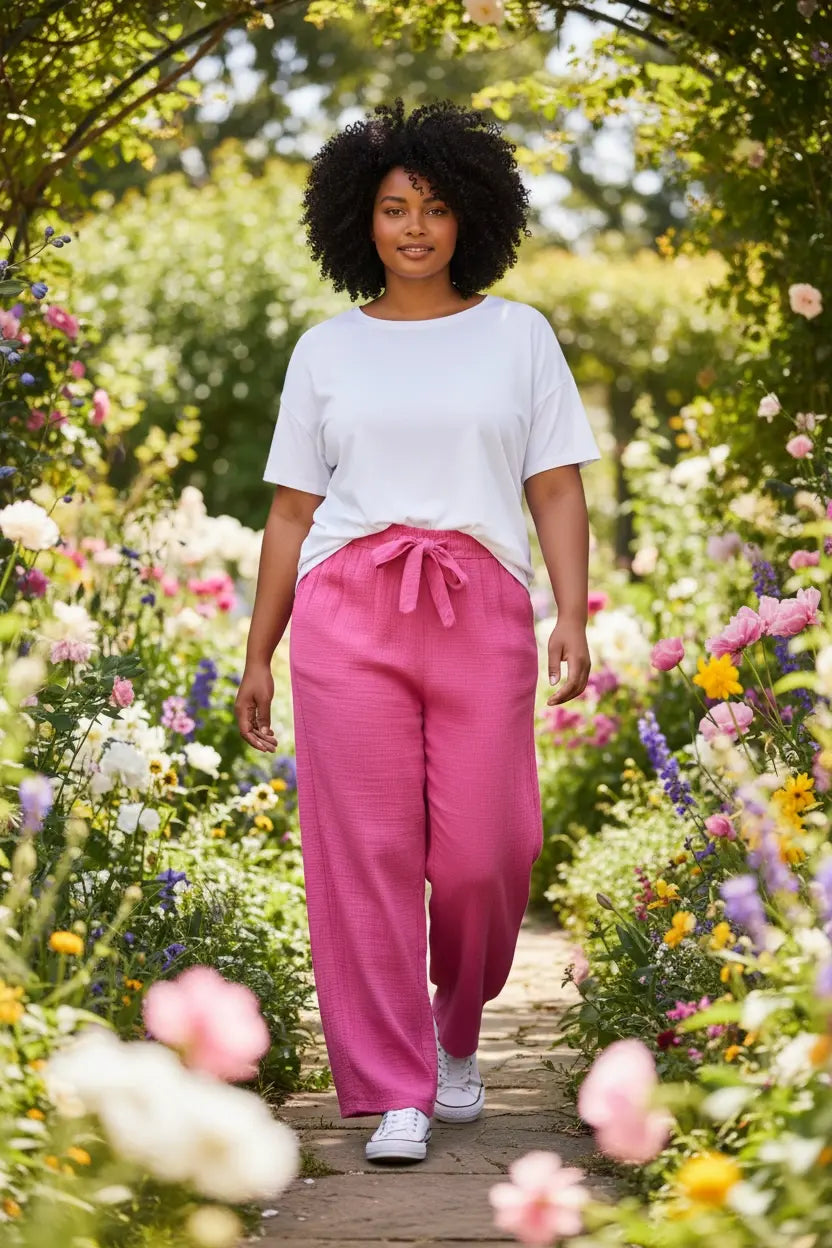 Pantalon gaz de coton - Mathilda (rose)